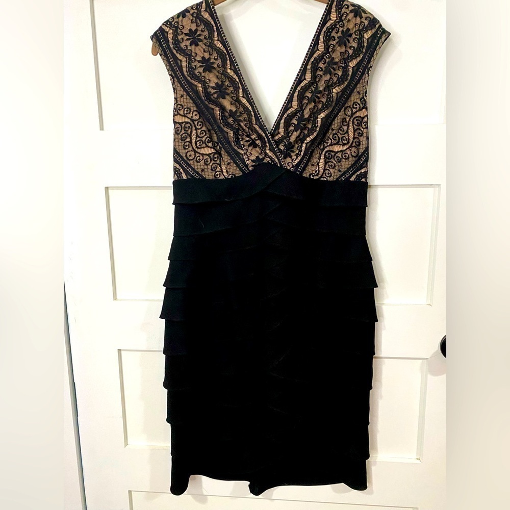 JESSICA H Blk/Tan Lace Overlay Scalped Layered Dress 8